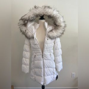 NWT Laundry pure white winter jacket coat leopard accent trim